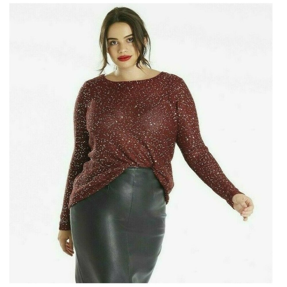 JUNAROSE Women's Sweater /Top Sequin Knitted Wine Color Size 1X